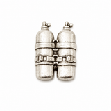 Pewter twin scuba diving tanks and air cylinders pin badge on white background