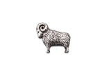 Handcrafted pewter ram pin badge featuring a detailed sheep with curled horns and butterfly clutch fastening on a white background.