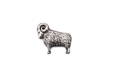 Handcrafted pewter ram pin badge featuring a detailed sheep with curled horns and butterfly clutch fastening on a white background.
