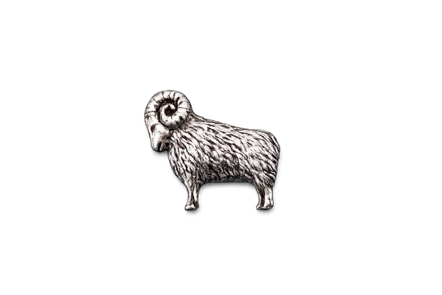 Handcrafted pewter ram pin badge featuring a detailed sheep with curled horns and butterfly clutch fastening on a white background.