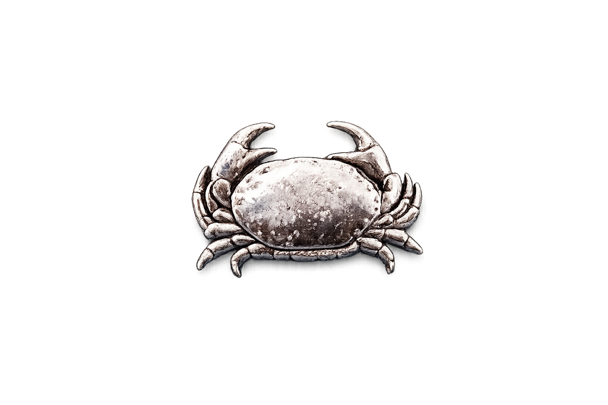 Handcrafted pewter crab pin badge featuring a detailed coastal marine design with butterfly clutch fastening on a white background.