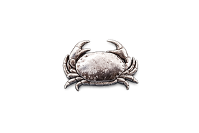 Handcrafted pewter crab pin badge featuring a detailed coastal marine design with butterfly clutch fastening on a white background.