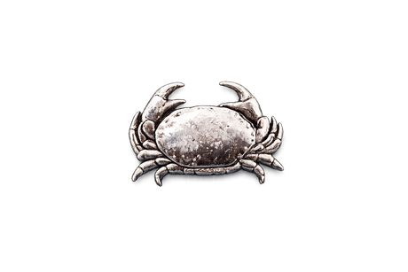 Handcrafted pewter crab pin badge featuring a detailed coastal marine design with butterfly clutch fastening on a white background.