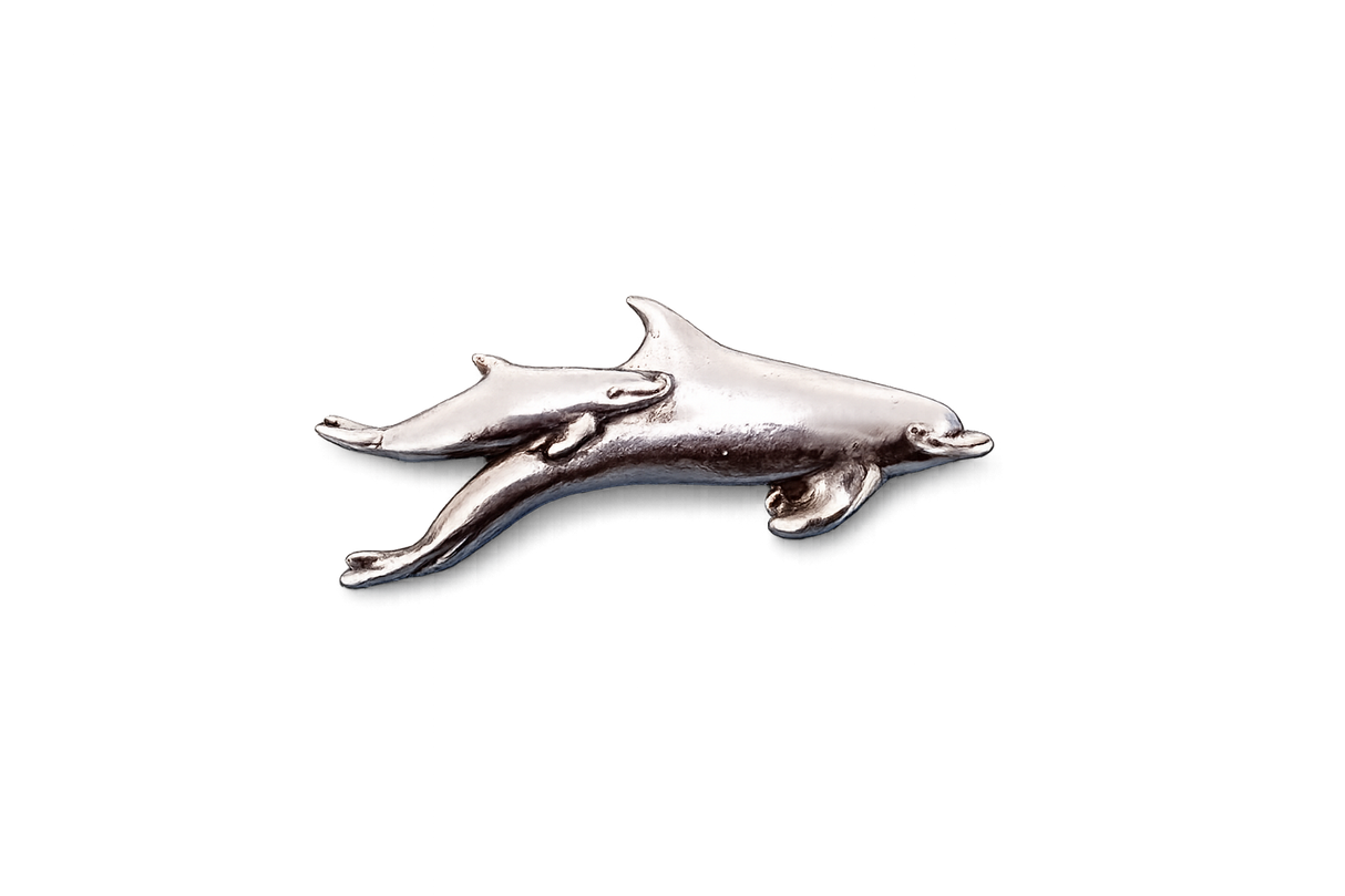 Detailed pewter dolphin and calf pin badge with butterfly clutch fastening
