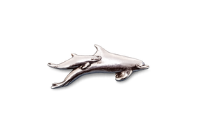 Detailed pewter dolphin and calf pin badge with butterfly clutch fastening