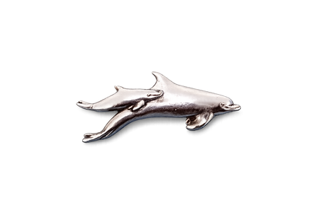 Detailed pewter dolphin and calf pin badge with butterfly clutch fastening