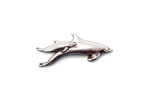 Detailed pewter dolphin and calf pin badge with butterfly clutch fastening