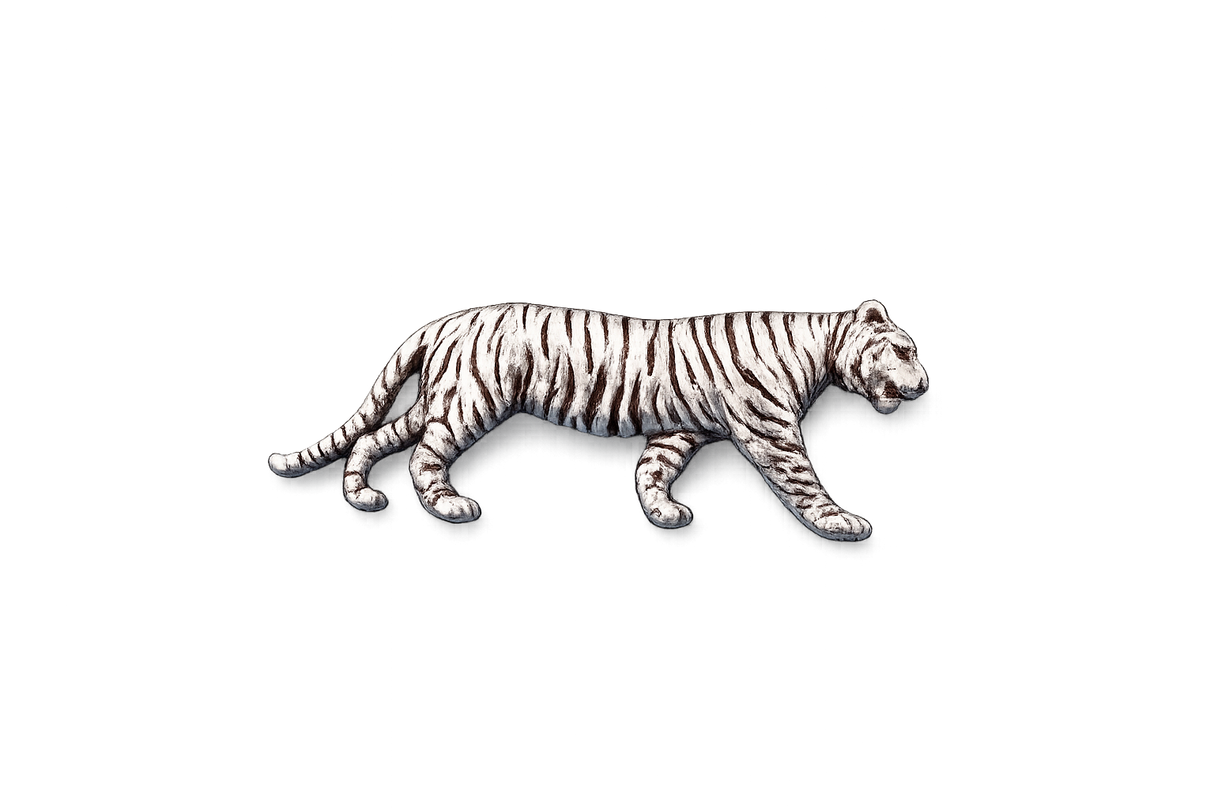 Detailed pewter tiger pin badge with butterfly clutch fastening on a white background.