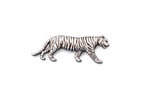 Detailed pewter tiger pin badge with butterfly clutch fastening on a white background.