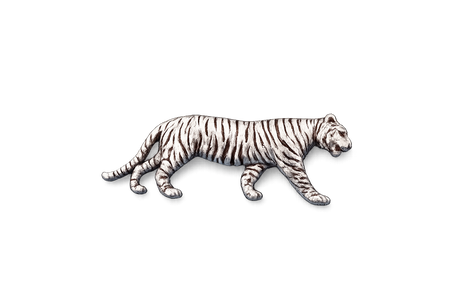 Detailed pewter tiger pin badge with butterfly clutch fastening on a white background.