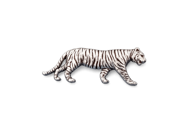 Detailed pewter tiger pin badge with butterfly clutch fastening on a white background.