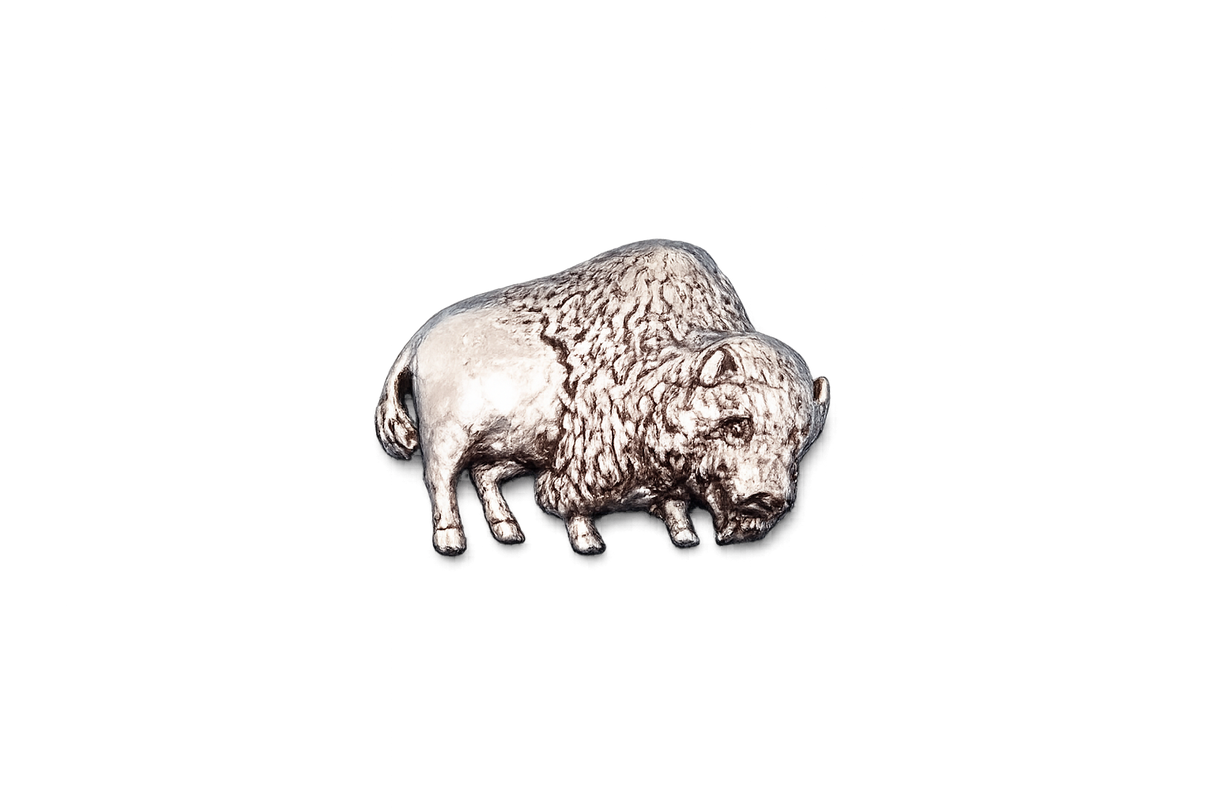 Handcrafted pewter American bison pin badge featuring a detailed buffalo design with butterfly clutch fastening on a white background.