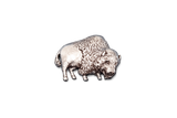 Handcrafted pewter American bison pin badge featuring a detailed buffalo design with butterfly clutch fastening on a white background.