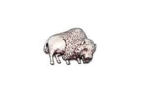 Handcrafted pewter American bison pin badge featuring a detailed buffalo design with butterfly clutch fastening on a white background.