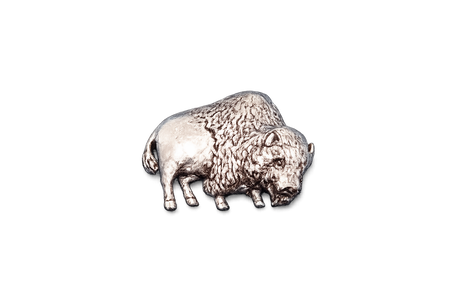 Handcrafted pewter American bison pin badge featuring a detailed buffalo design with butterfly clutch fastening on a white background.