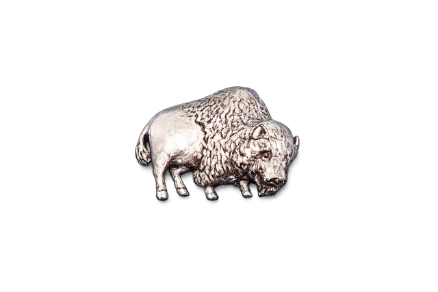 Handcrafted pewter American bison pin badge featuring a detailed buffalo design with butterfly clutch fastening on a white background.