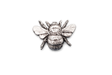 Detailed pewter Bee pin badge with textured body and sculpted wings on a white background.