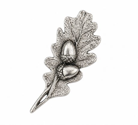 Pewter oak leaf and acorns pin badge with detailed woodland design