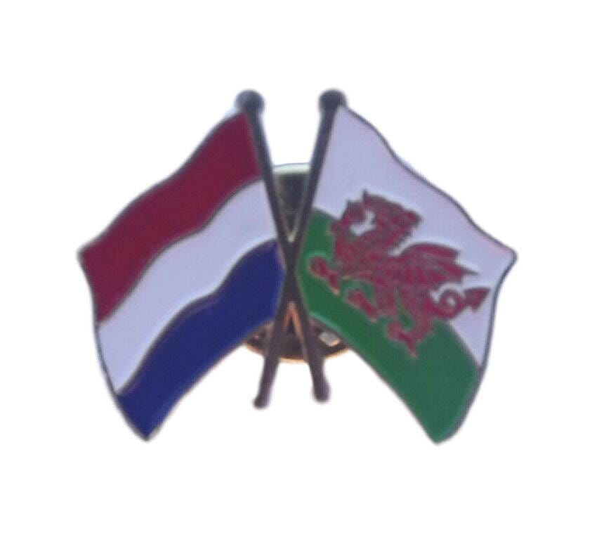 Holland - Wales Red Dragon Friendship Double Flags Enamel Lapel Pin Badge image 0
