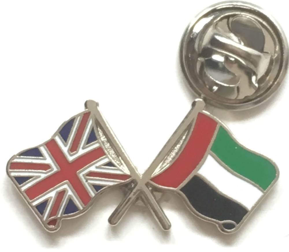 Union Jack and U.A.E.  Friendship Courtesy Enamel Lapel Pin Badge image 1