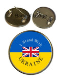 I Stand With Ukraine with Union Jack Flag 27mm Metal Lapel Pin Badge Domed Insert image 0