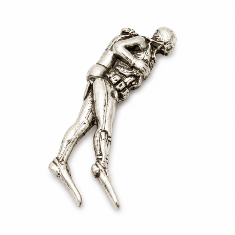 Pewter scuba diver pin badge with diving mask air tank and fins