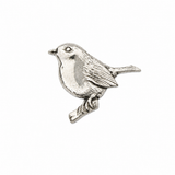 Handcrafted pewter robin pin badge featuring a detailed British garden bird perched on a branch