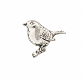 Handcrafted pewter robin pin badge featuring a detailed British garden bird perched on a branch