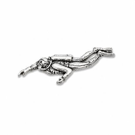 Pewter male scuba diver pin badge swimming with air tank mask and fins