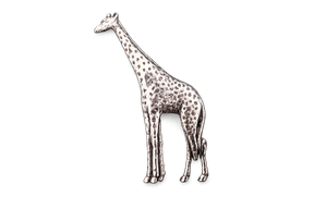 Detailed pewter giraffe pin badge with butterfly clutch fastening on a white background.
