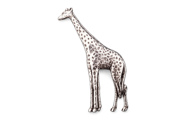 Detailed pewter giraffe pin badge with butterfly clutch fastening on a white background.