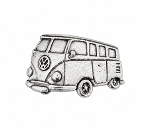 Pewter VW split-screen camper van lapel pin badge with classic Volkswagen design