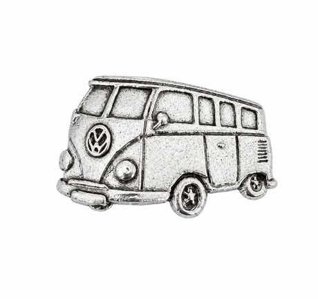 Pewter VW split-screen camper van lapel pin badge with classic Volkswagen design