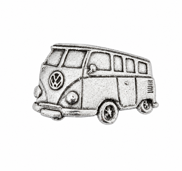 Pewter VW split-screen camper van lapel pin badge with classic Volkswagen design