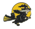 Witch & Cat on Broomstick Moonlit Silhouette Quality Enamel Lapel Pin Badge image 0