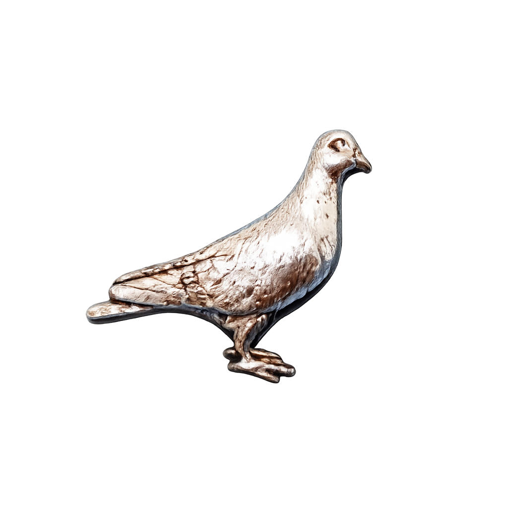 Handcrafted pewter pigeon pin badge featuring a detailed British bird design.