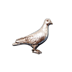 Handcrafted pewter pigeon pin badge featuring a detailed British bird design.