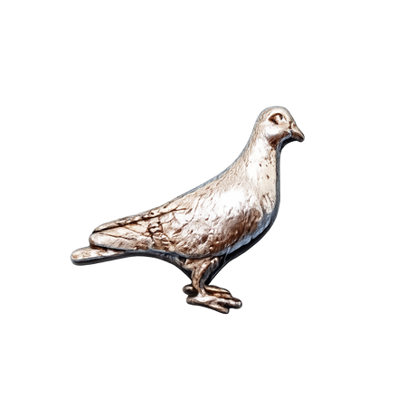 Handcrafted pewter pigeon pin badge featuring a detailed British bird design.