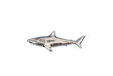 Detailed pewter Shark pin badge featuring a sleek shark design with butterfly clutch fastening on a white background.
