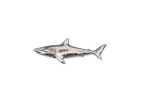 Detailed pewter Shark pin badge featuring a sleek shark design with butterfly clutch fastening on a white background.