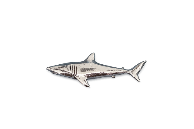 Detailed pewter Shark pin badge featuring a sleek shark design with butterfly clutch fastening on a white background.