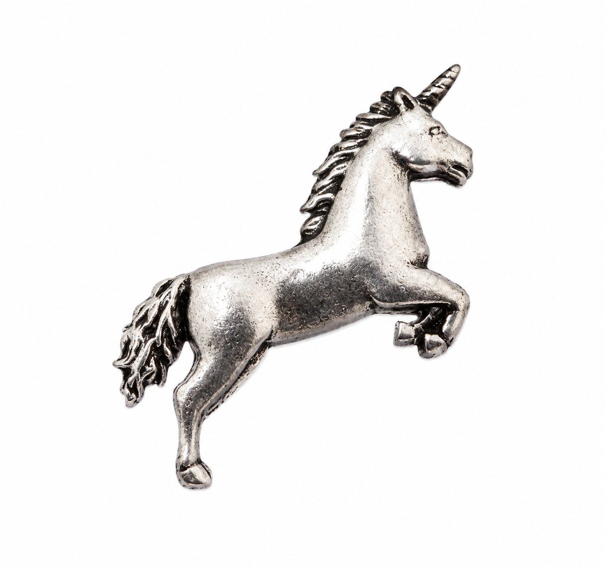 Pewter unicorn pin badge with rearing mythical horse design