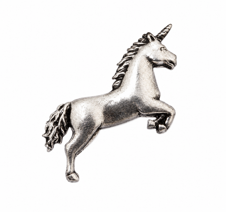 Pewter unicorn pin badge with rearing mythical horse design