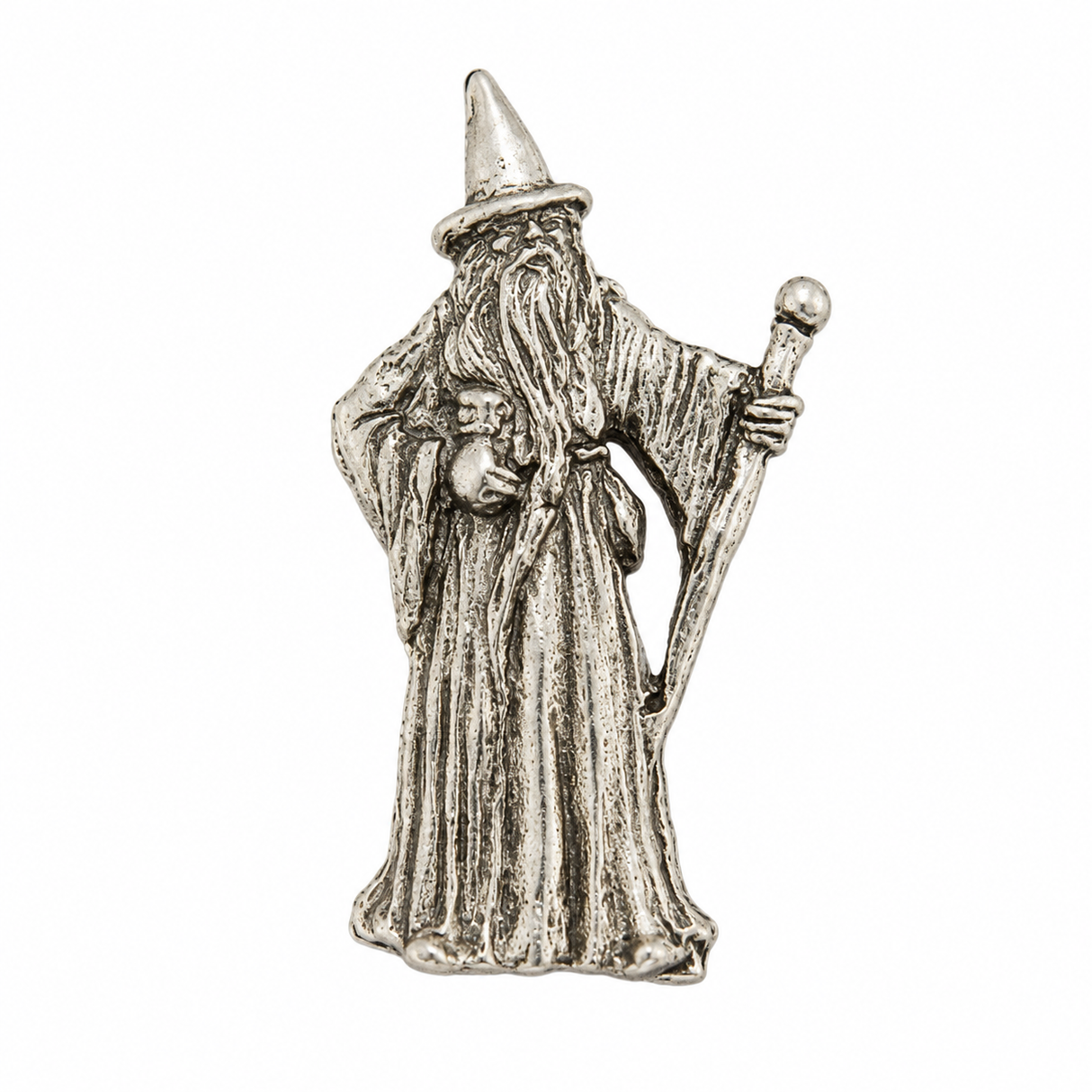 Pewter wizard pin badge with pointed hat, long beard and magical staff