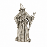 Pewter wizard pin badge with pointed hat, long beard and magical staff