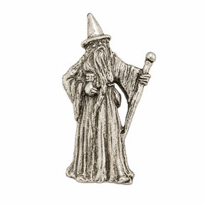 Pewter wizard pin badge with pointed hat, long beard and magical staff