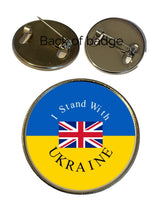 I Stand With Ukraine with Union Jack Flag 27mm Metal Lapel Pin Badge Domed Insert image 1