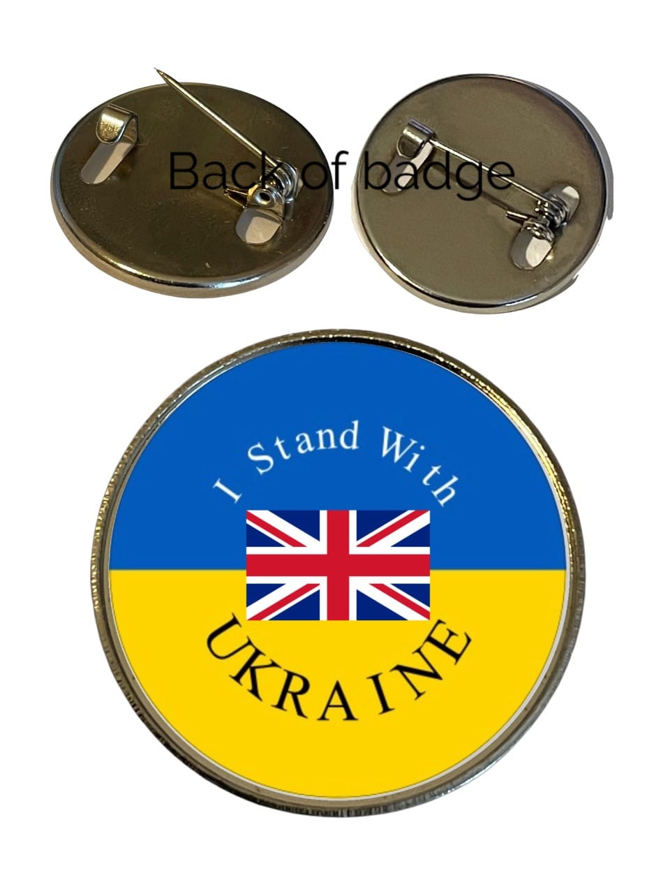 I Stand With Ukraine with Union Jack Flag 27mm Metal Lapel Pin Badge Domed Insert image 1