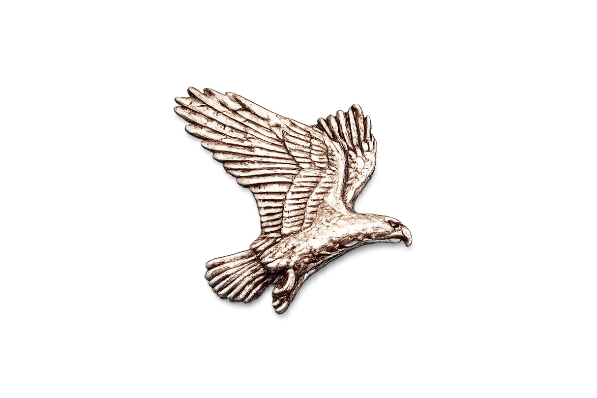 Detailed handcrafted pewter Eagle in Flight pin badge featuring an eagle with fully spread wings, butterfly clutch fastening and fine feather detailing.