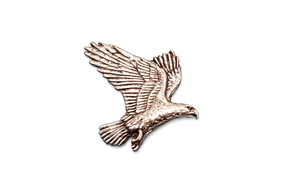 Detailed handcrafted pewter Eagle in Flight pin badge featuring an eagle with fully spread wings, butterfly clutch fastening and fine feather detailing.